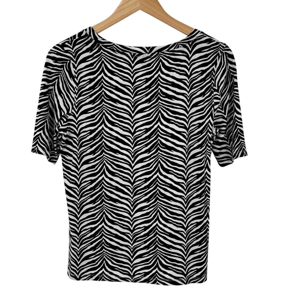 Talbots Womens Zebra Print Scoop Neck Short Sleeve Top Black White Size M - Picture 2 of 6
